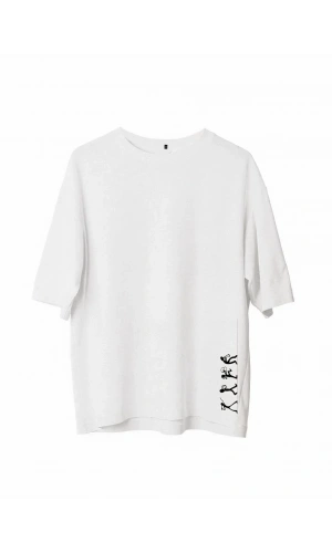 Unisex Bisiklet Yaka Baskılı Oversize T-Shirt - Beyaz