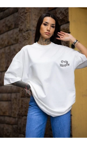 Unisex Bisiklet Yaka Baskılı Oversize T-Shirt - Beyaz