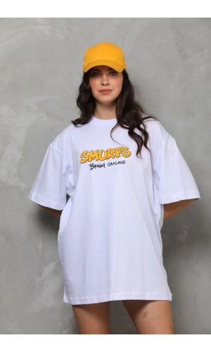 Unisex Bisiklet Yaka Baskılı Oversize T-Shirt - Beyaz