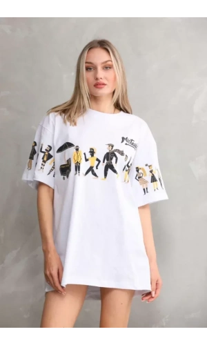 Unisex Bisiklet Yaka Baskılı Oversize T-Shirt - Beyaz