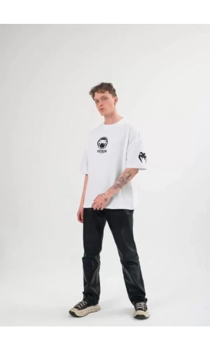 Unisex Bisiklet Yaka Baskılı Oversize T-Shirt - Beyaz