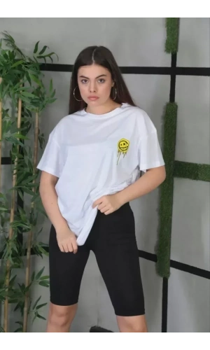 Unisex Bisiklet Yaka Baskılı Oversize T-Shirt - Beyaz