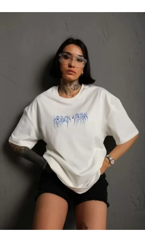 Unisex Bisiklet Yaka Baskılı Oversize T-Shirt - Beyaz