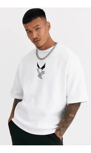 Unisex Bisiklet Yaka Baskılı Oversize T-Shirt - Beyaz