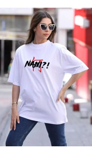 Unisex Bisiklet Yaka Baskılı Oversize T-Shirt - Beyaz