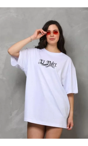 Unisex Bisiklet Yaka Baskılı Oversize T-Shirt - Beyaz