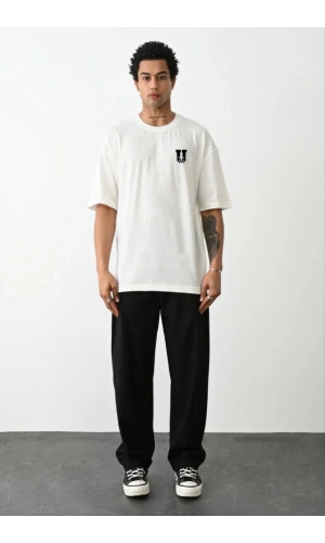 Unisex Bisiklet Yaka Baskılı Oversize T-Shirt - Beyaz