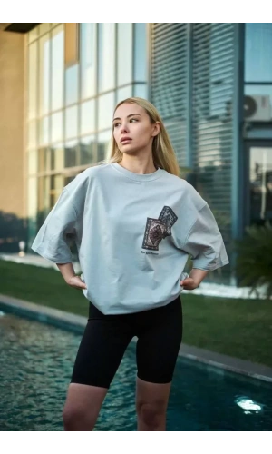 Unisex Bisiklet Yaka Baskılı Oversize T-Shirt - Boyalı Gri
