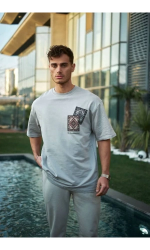 Unisex Bisiklet Yaka Baskılı Oversize T-Shirt - Boyalı Gri