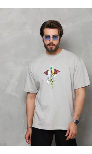 Unisex Bisiklet Yaka Baskılı Oversize T-Shirt - Gri