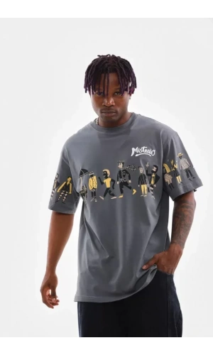 Unisex Bisiklet Yaka Baskılı Oversize T-Shirt - Gri