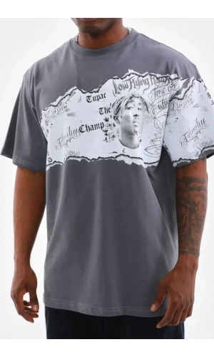 Unisex Bisiklet Yaka Baskılı Oversize T-Shirt - Gri