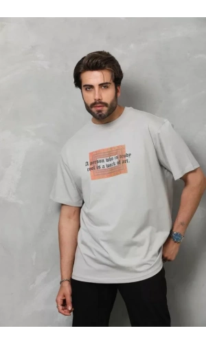 Unisex Bisiklet Yaka Baskılı Oversize T-Shirt - Gri