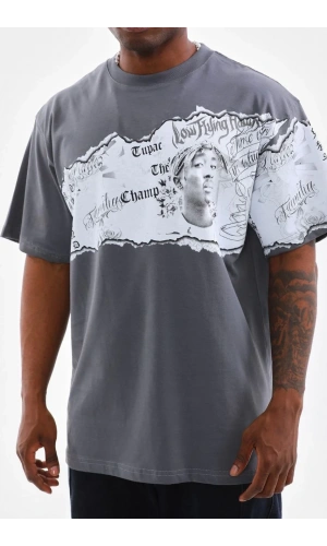 Unisex Bisiklet Yaka Baskılı Oversize T-Shirt - Gri