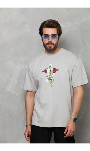 Unisex Bisiklet Yaka Baskılı Oversize T-Shirt - Gri