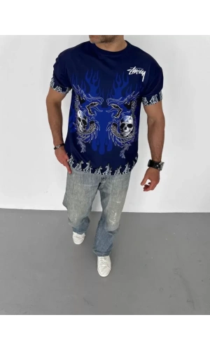 Unisex Bisiklet Yaka Baskılı Oversize T-Shirt - Lacivert