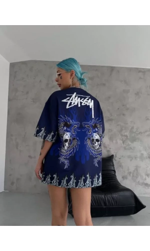 Unisex Bisiklet Yaka Baskılı Oversize T-Shirt - Lacivert