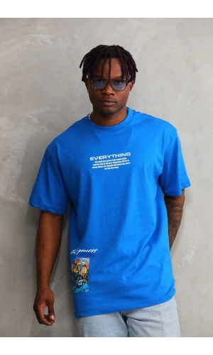 Unisex Bisiklet Yaka Baskılı Oversize T-Shirt - Mavi