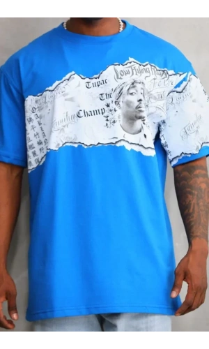 Unisex Bisiklet Yaka Baskılı Oversize T-Shirt - Mavi