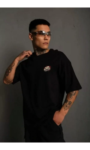 Unisex Bisiklet Yaka Baskılı Oversize T-Shirt - Siyah