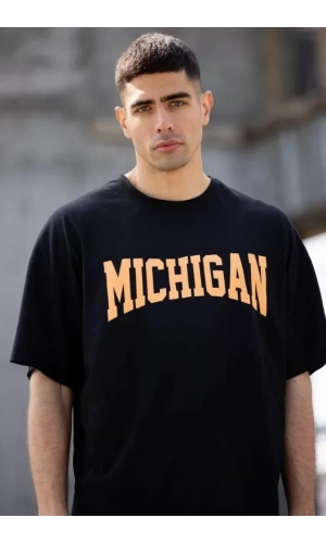 Unisex Bisiklet Yaka Baskılı Oversize T-Shirt - Siyah