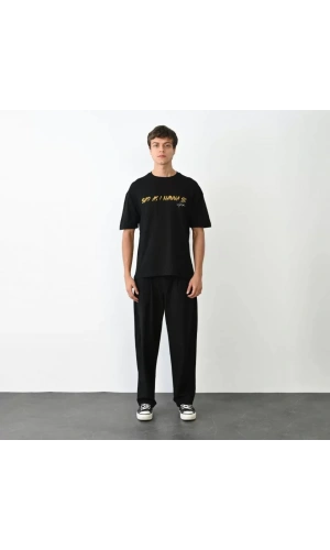 Unisex Bisiklet Yaka Baskılı Oversize T-Shirt - Siyah