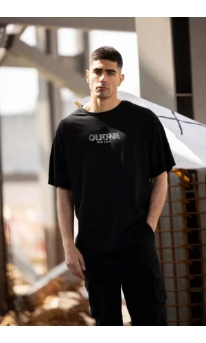 Unisex Bisiklet Yaka Baskılı Oversize T-Shirt - Siyah