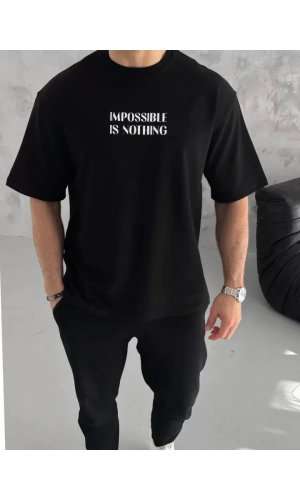 Unisex Bisiklet Yaka Baskılı Oversize T-Shirt - Siyah