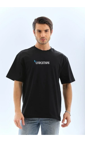 Unisex Bisiklet Yaka Baskılı Oversize T-Shirt - Siyah