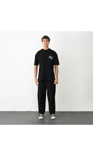 Unisex Bisiklet Yaka Baskılı Oversize T-Shirt - Siyah