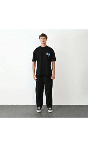 Unisex Bisiklet Yaka Baskılı Oversize T-Shirt - Siyah