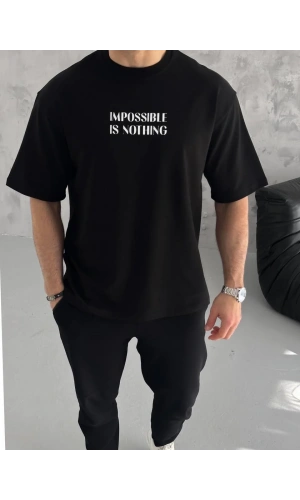 Unisex Bisiklet Yaka Baskılı Oversize T-Shirt - Siyah