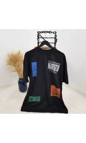 Unisex Bisiklet Yaka Baskılı Oversize T-Shirt - Siyah