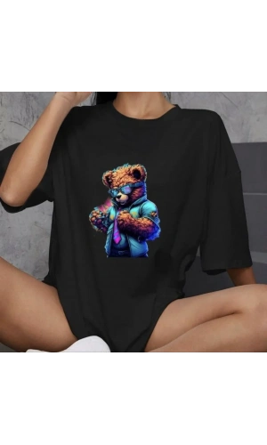 Unisex Bisiklet Yaka Baskılı Oversize T-Shirt - Siyah