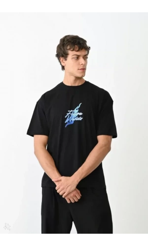 Unisex Bisiklet Yaka Baskılı Oversize T-Shirt - Siyah