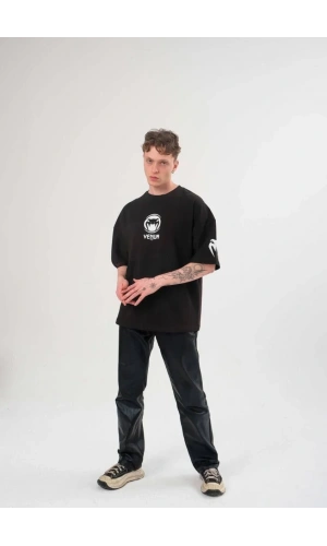 Unisex Bisiklet Yaka Baskılı Oversize T-Shirt - Siyah