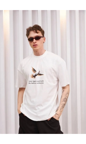 Unisex Bisiklet Yaka Baskılı Oversize T-Shirt - Siyah