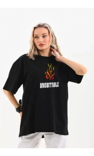 Unisex Bisiklet Yaka Baskılı Oversize T-Shirt - Siyah