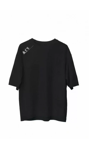 Unisex Bisiklet Yaka Baskılı Oversize T-Shirt - Siyah