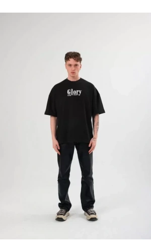 Unisex Bisiklet Yaka Baskılı Oversize T-Shirt - Siyah
