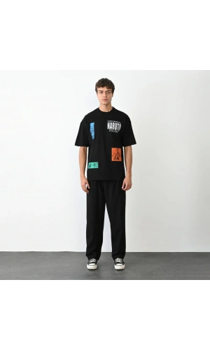 Unisex Bisiklet Yaka Baskılı Oversize T-Shirt - Siyah