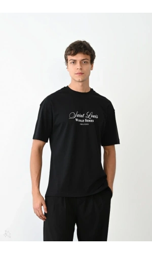 Unisex Bisiklet Yaka Baskılı Oversize T-Shirt - Siyah