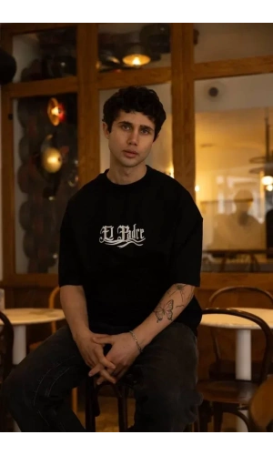 Unisex Bisiklet Yaka Baskılı Oversize T-Shirt - Siyah