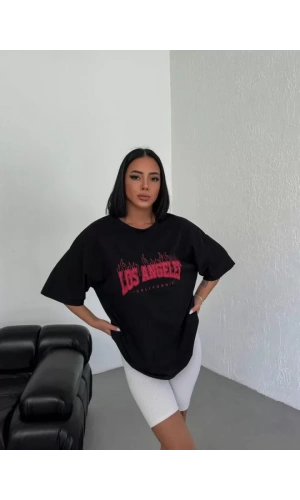 Unisex Bisiklet Yaka Baskılı Oversize T-Shirt - Siyah