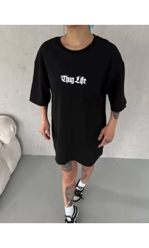 Unisex Bisiklet Yaka Baskılı Oversize T-Shirt - Siyah