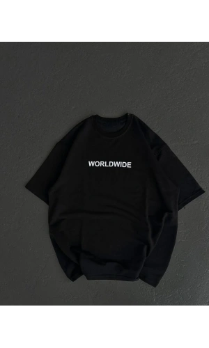 Unisex Bisiklet Yaka Baskılı Oversize T-Shirt - Siyah