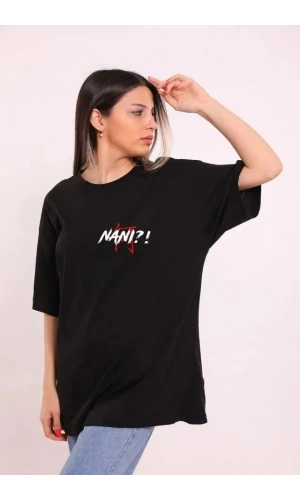 Unisex Bisiklet Yaka Baskılı Oversize T-Shirt - Siyah