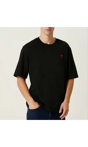 Unisex Bisiklet Yaka Baskılı Oversize T-Shirt - Siyah