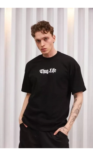 Unisex Bisiklet Yaka Baskılı Oversize T-Shirt - Siyah