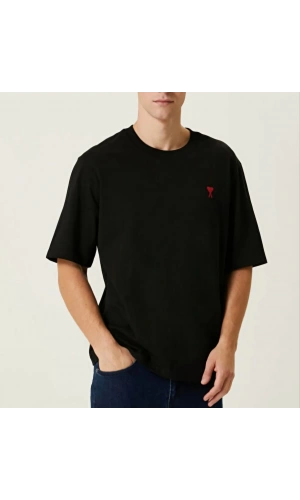 Unisex Bisiklet Yaka Baskılı Oversize T-Shirt - Siyah